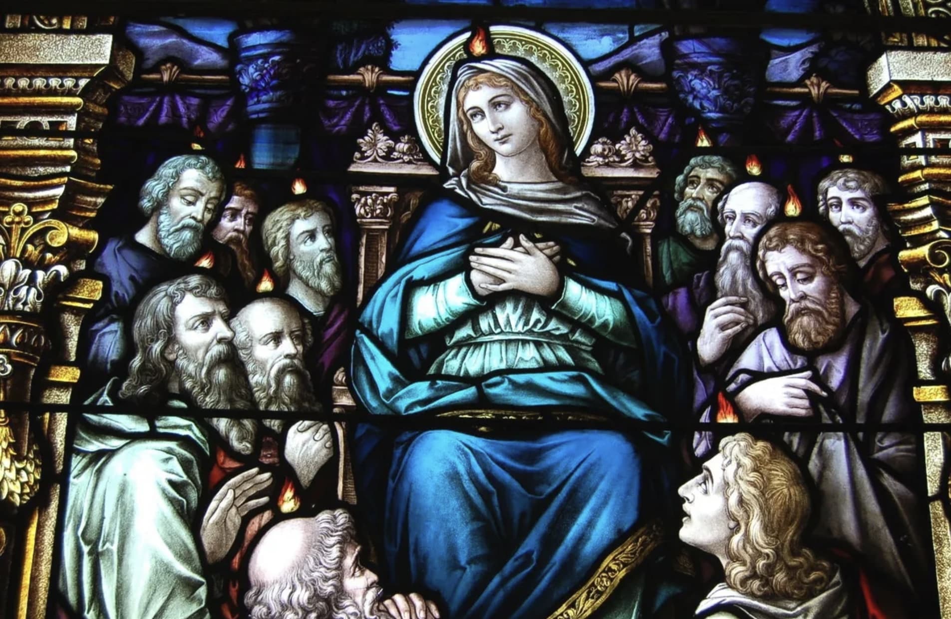 120 year old Church Stained Glass Window of Mary w/Apostles, 11′ ht. + J. Morgan
